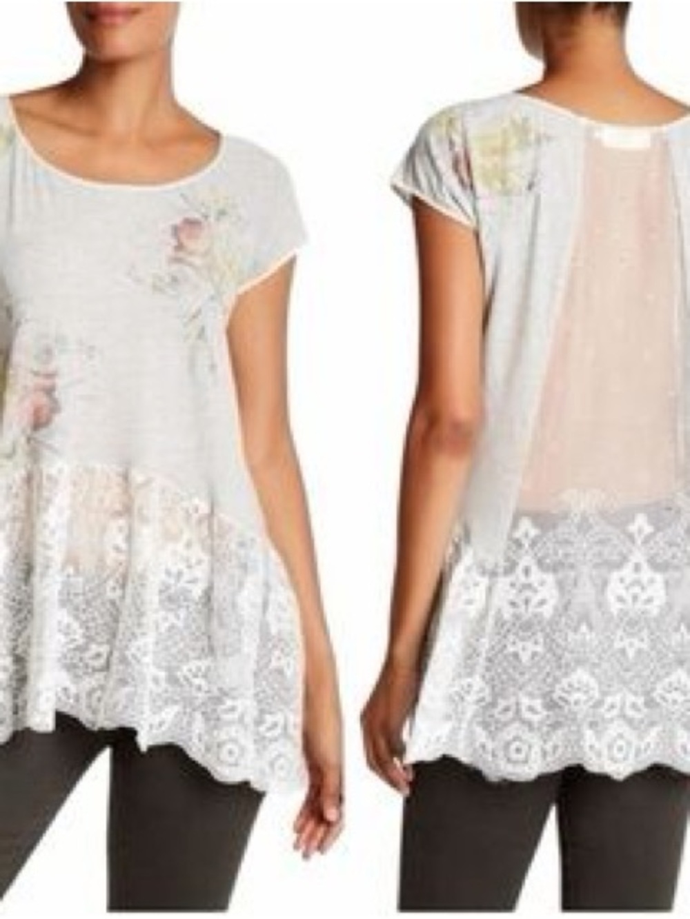 Johnny Was Ivory Floral Lace-Hem Tunic